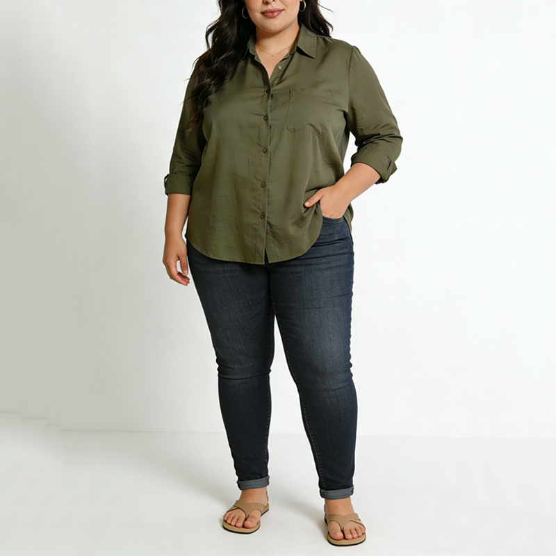 Plus size olive green button-down shirt for women